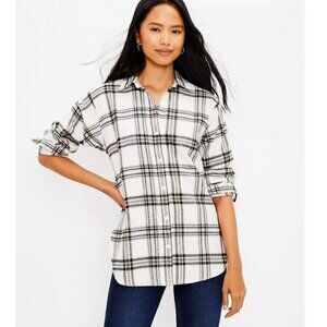 LOFT long button down flannel ladies shirt Cream black tan collared Large New